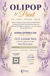 Olipop & Paint flyer: Saturday September 12 2026, 5 to 7pm at Livi's Lavender Farm, Robbinsville NJ. Tickets $65 per person.